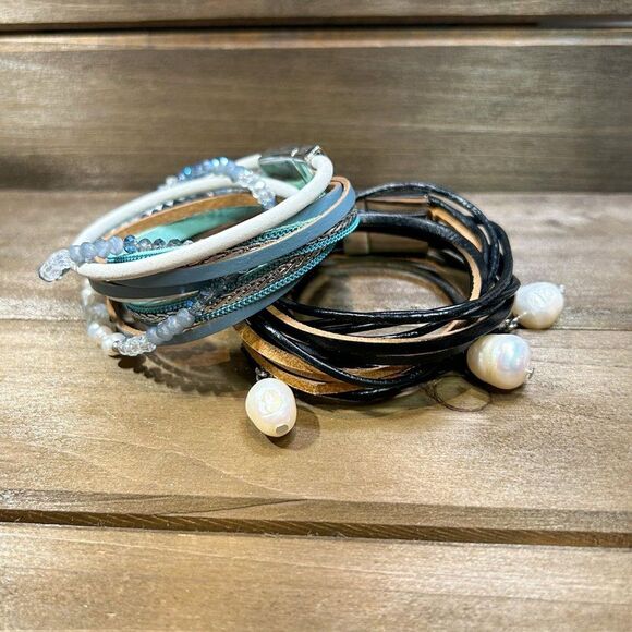 Multi Strand Layered Wrap Bracelets Leather Freshwater Pearl and Crystal x2 - Picture 1 of 6